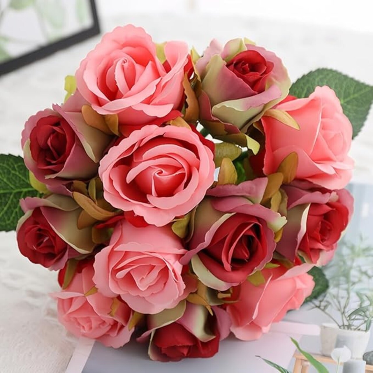Artificial Roses Fake Flowers 12 Heads Arrangement Silk Bouquet for Home Office Parties Bridal and Wedding Decoration (Red and Pink)